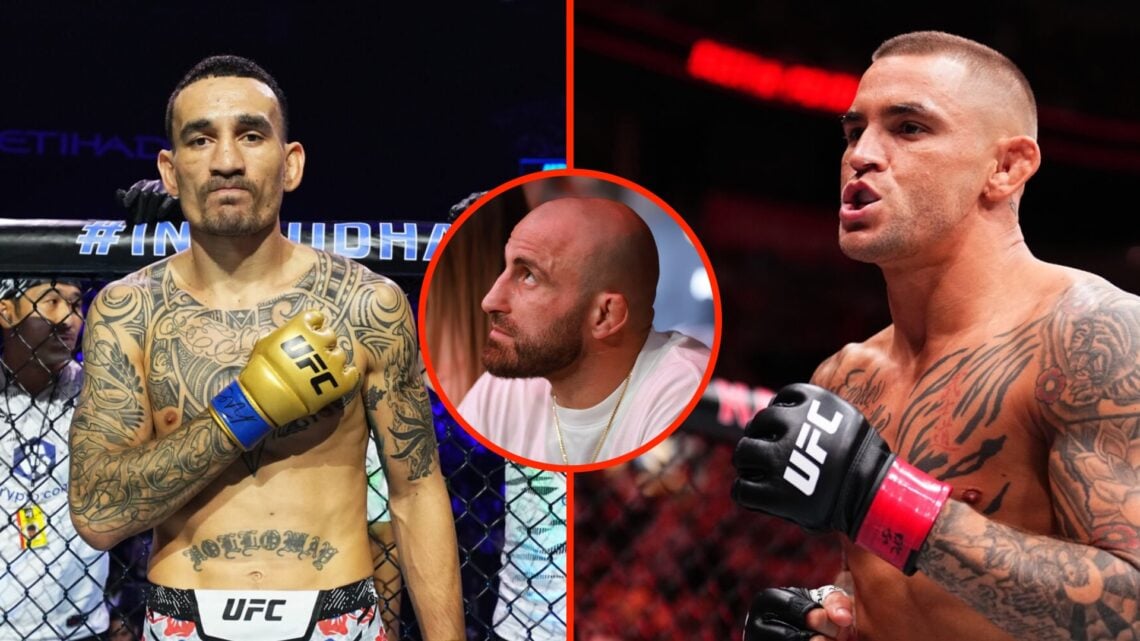 Max Holloway moments before his UFC 308 fight split with Dustin Poirier in the cage ahead of his UFC 299 fight with an inset of Alexander Volkanovs...