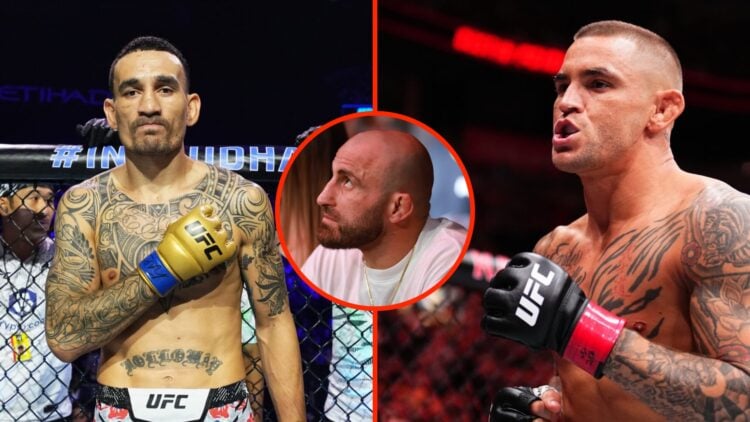 Max Holloway moments before his UFC 308 fight split with Dustin Poirier in the cage ahead of his UFC 299 fight with an inset of Alexander Volkanovs...