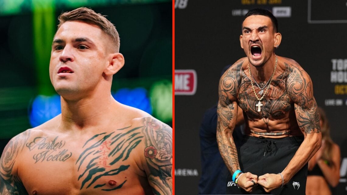 Dustin Poirier looks on in the octagon ahead of his fight with Charles Oliveira and Max Holloway at the UFC 308 ceremonial weigh-ins