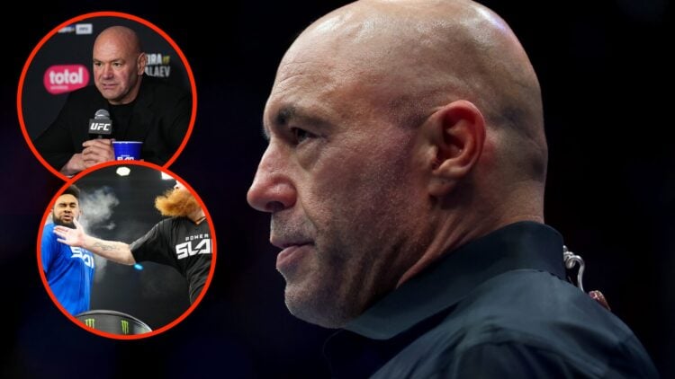 Joe Rogan watches on at UFC 316 with an inset of Dana White talking to the media at UFC 313 and in inset of a Power Slap 2 match