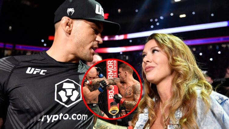Main: Dustin Poirier interacts with his wife before entering the Octagon to fight Conor McGregor at UFC 264. Inset: Dustin Poirier punches Conor Mc...