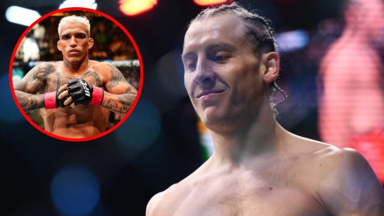 Paddy Pimblett looks on ahead of his UFC 304 fight with King Green, inset Charles Oliveira enters the Octagon for his UFC 309 fight with Michael Ch...