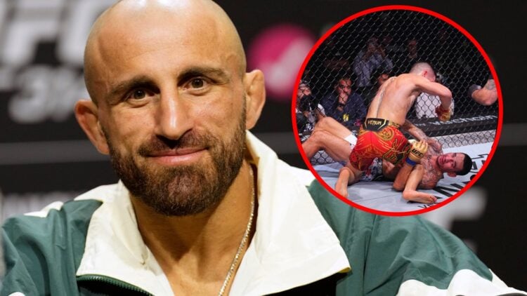 Alexander Volkanovski at the UFC 314 press conference, inset Ilia Topuria knocking out Max Holloway at UFC 308.