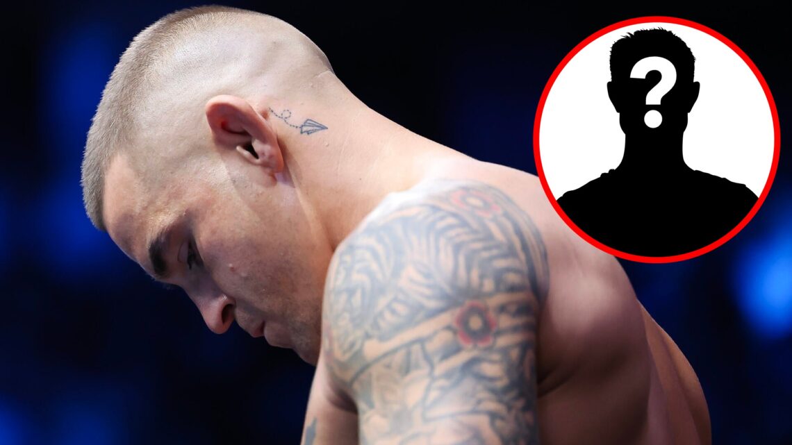 Dustin Poirier bows his head ahead of his UFC 302 fight with Islam Makhachev, inset mystery icon