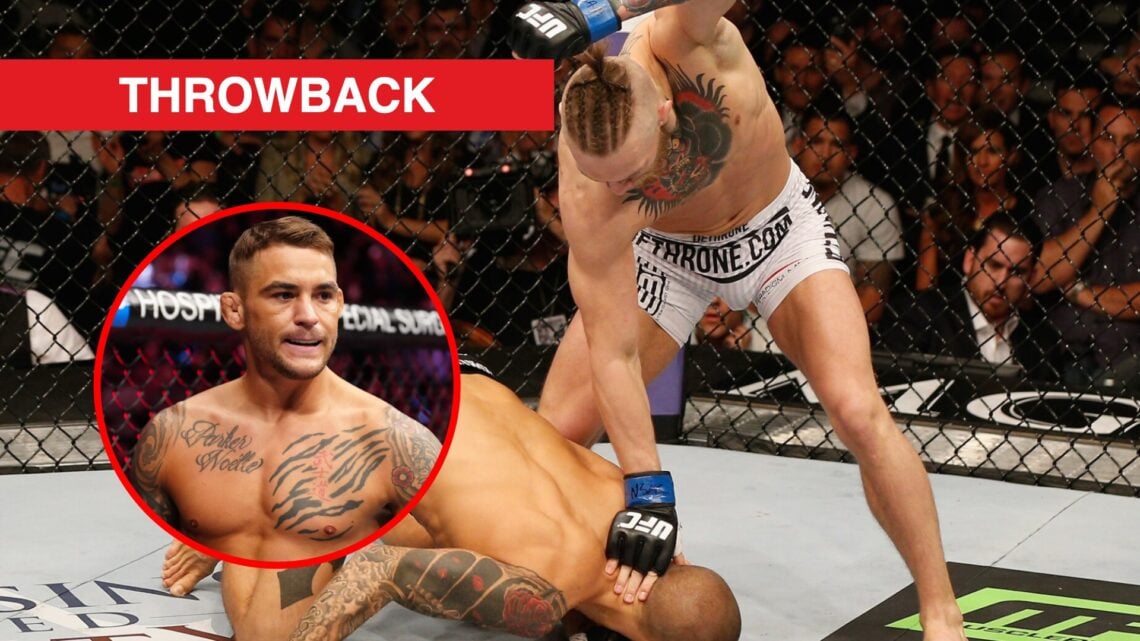 Main: Conor McGregor lines up a punch after flooring Dustin Poirier at UFC 178 in 2014. Inset: Dustin Poirier stares down Michael Chandler ahead of...