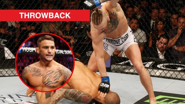 Main: Conor McGregor lines up a punch after flooring Dustin Poirier at UFC 178 in 2014. Inset: Dustin Poirier stares down Michael Chandler ahead of...