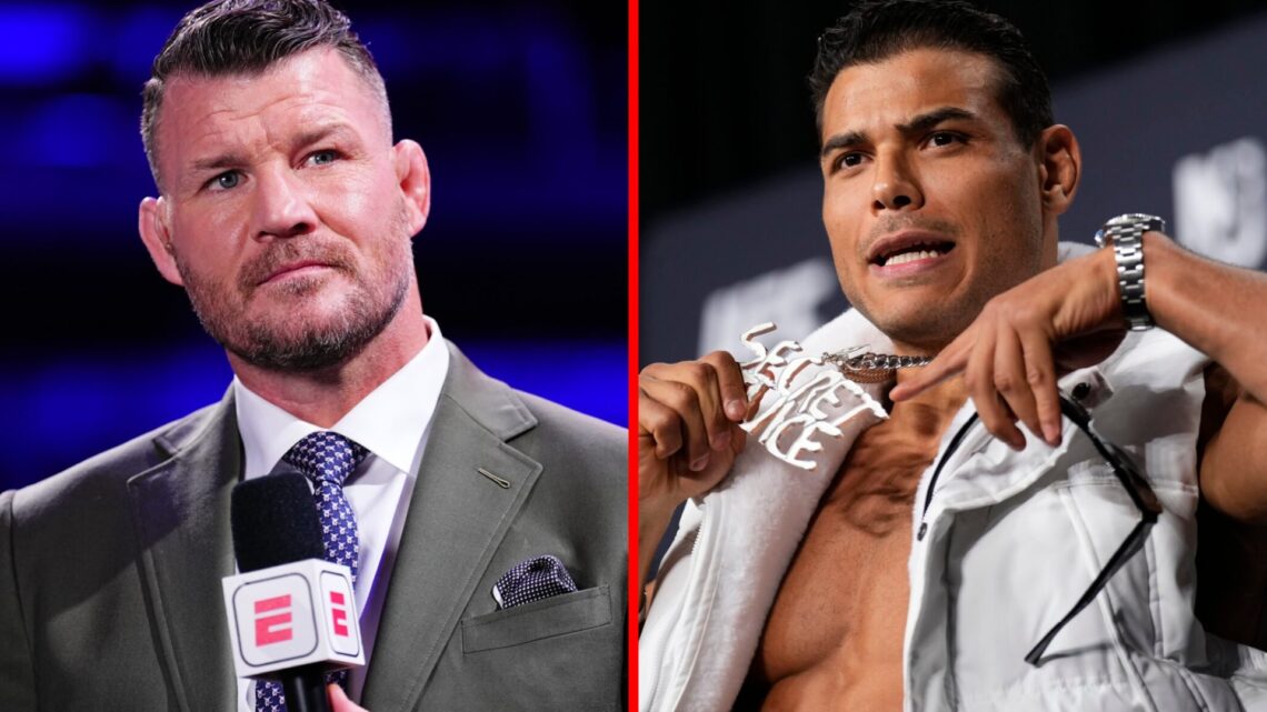 Split image of Michael Bisping during the UFC Seattle broadcast, Paulo Costa at the UFC 302 press conference