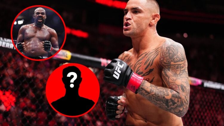 Main: Dustin Poirier inside the cage for his fight against Benoit Saint-Denis at UFC 299. Top Inset: Jon Jones celebrates his win over Stipe Miocic...
