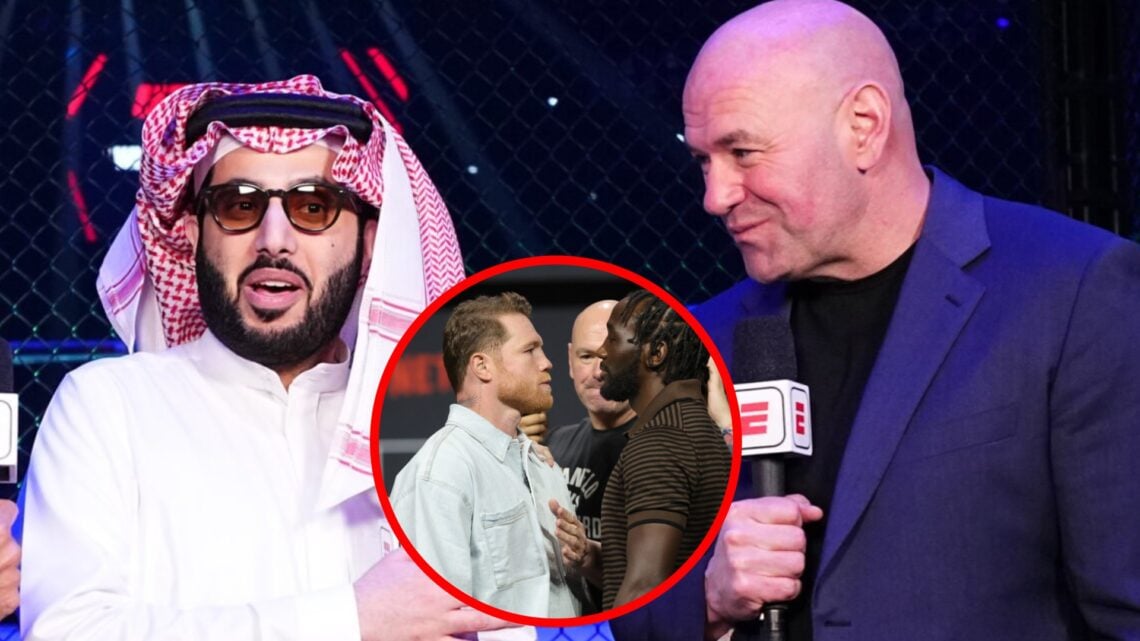 Turki Alalshikh and Dana White speak during the UFC Fight Night broadcast in Riyadh, inset Canelo Alvarez and Terence Crawford face-off