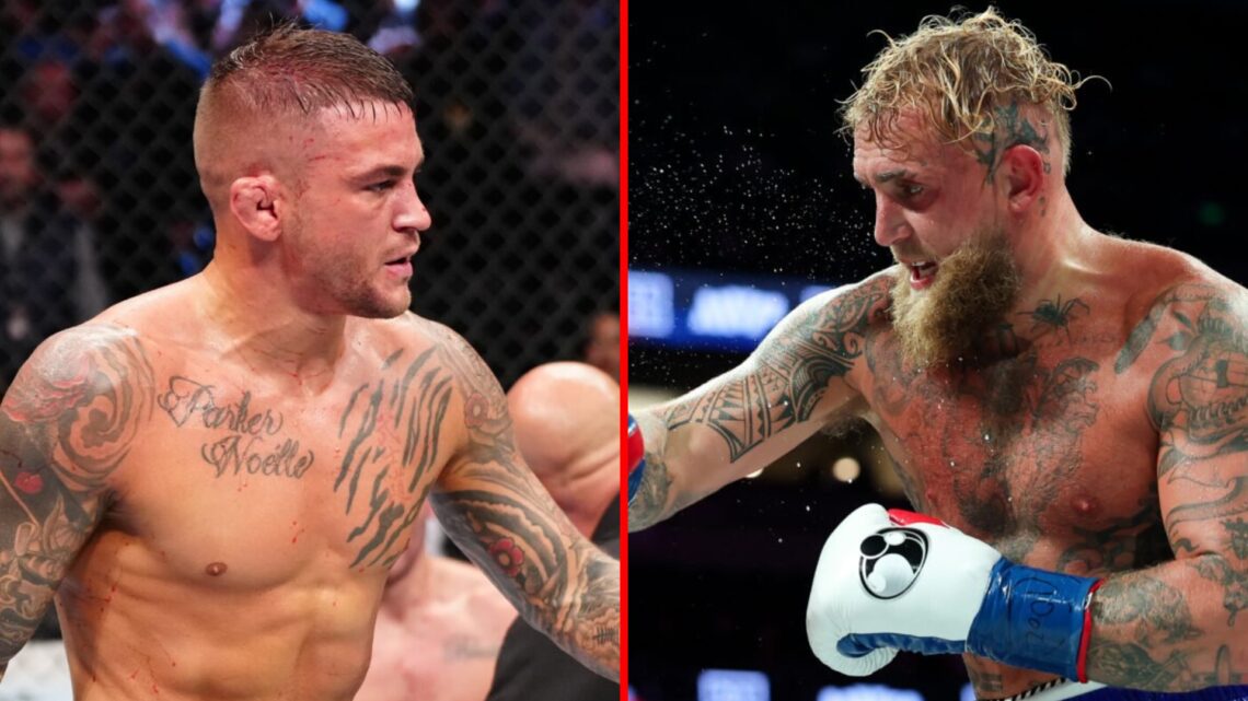 Left: Dustin Poirier reacts after his submission victory over Michael Chandler at UFC 281. Right: Jake Paul punches Julio Cesar Chavez Jr. during t...