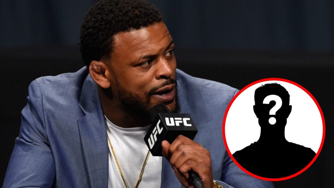 Michael Johnson speaks at the UFC summer press conference in 2017, inset mystery icon