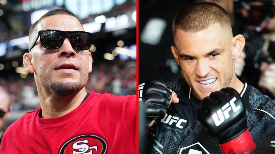 Nate Diaz attends the NFL preseason game between the San Francisco 49ers and the Las Vegas Raiders, Dustin Poirier prepares to face Benoit Saint De...