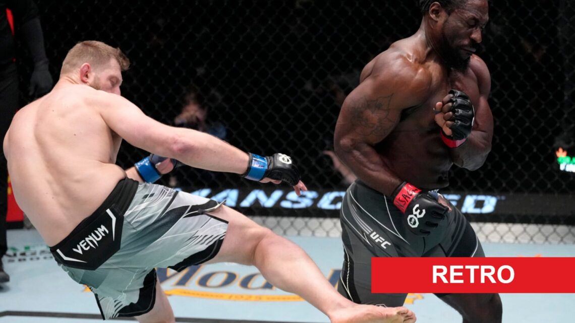 Marcin Prachnio kicks William Knight at the UFC Apex, inset retro banner