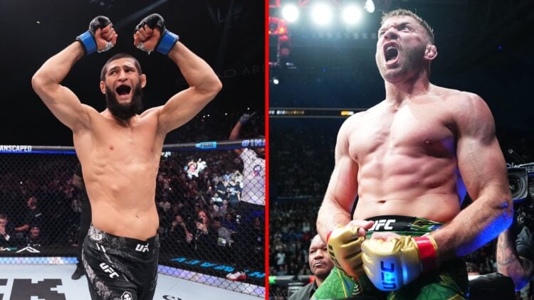 Split image of Dricus du Plessis at UFC 305 and Khamzat Chimaev at UFC 294