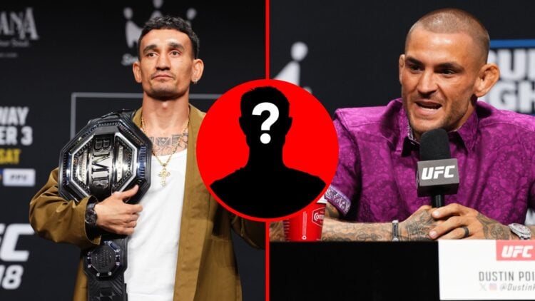 Split image of Max Holloway holding BMF belt and Dustin Poirier at UFC 318 press conference