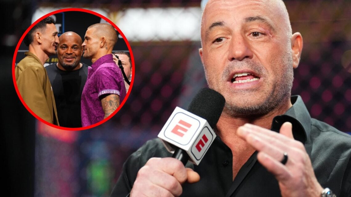Joe Rogan speaks during the UFC 290 broadcast in Las Vegas, inset Max Holloway and Dustin Poirier face-off at the UFC 318 press conference
