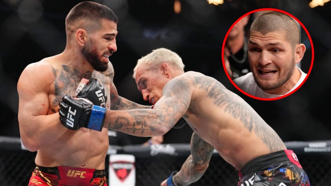 Main: Ilia Topuria punches Charles Oliveira during their fight at UFC 317. Inset: Khabib Nurmagomedov talking to Tagir Ulanbekov at UFC 272.