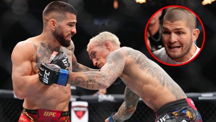 Main: Ilia Topuria punches Charles Oliveira during their fight at UFC 317. Inset: Khabib Nurmagomedov talking to Tagir Ulanbekov at UFC 272.