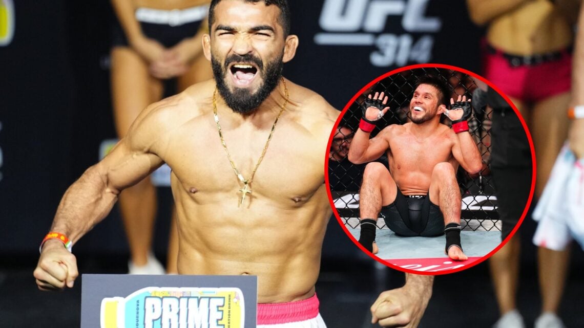 Main: Patricio Pitbull poses on the scale at the UFC 314 ceremonial weigh-ins. Inset: Henry Cejudo on the floor after suffering an eye poke in his ...