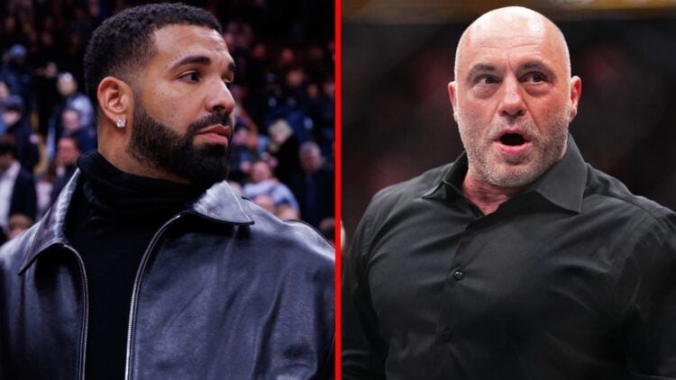 Split image of Drake leaving court during eaves the court following the NBA game and Joe Rogan looking shocked at UFC 300.