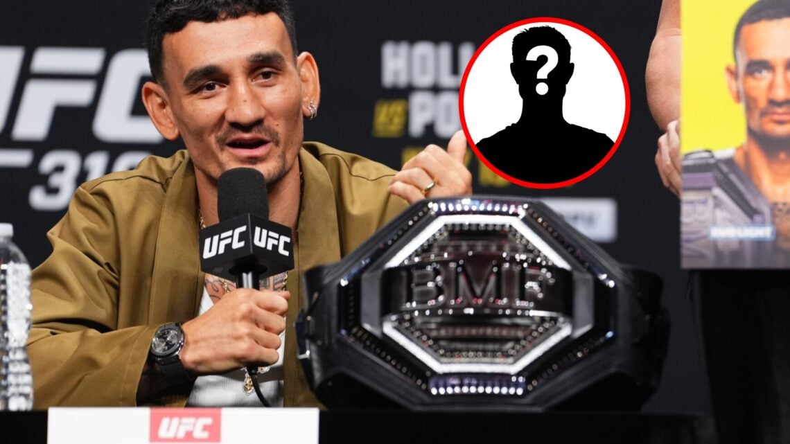 Main: Max Holloway speaks on stage alongside his BMF title at the UFC 318 press conference. Inset: Mystery fighter.