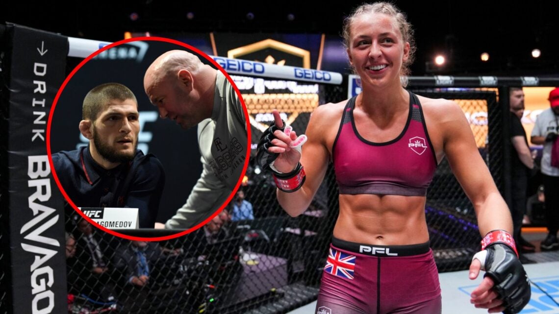 Main: Dakota Ditcheva celebrates her win over Katherine Corogenes at the 2022 PFL World Championship. Inset: Khabib Nurmagomedov is whispered to by...