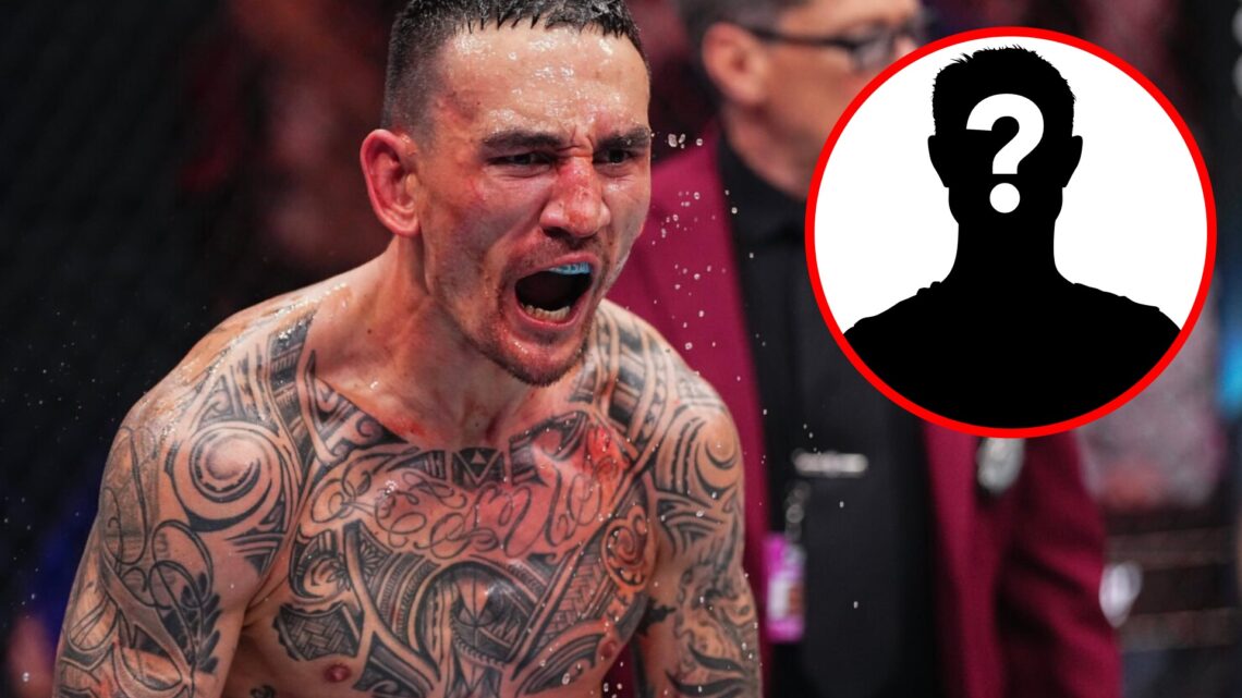 Max Holloway celebrates after stopping Justin Gaethje at UFC 300, inset mystery icon