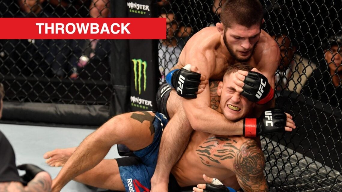 Khabib Nurmagomedov attempts to submit Dustin Poirier in their title fight at UFC 242.
