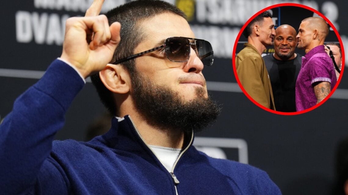 Islam Makhachev poses on stage at the UFC 311 press conference, inset Max Holloway and Dustin Poirier face off at the UFC 318 press conference