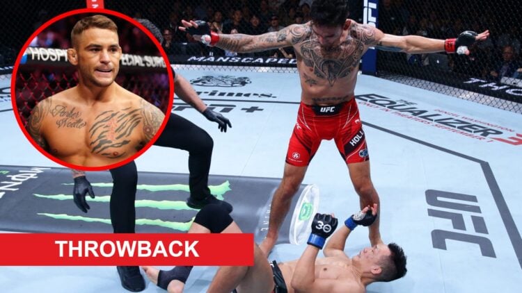 Max Holloway stops The Korean Zombie at UFC Singapore, inset Dustin Poirier prepares to face Michael Chandler at UFC 281 with throwback banner