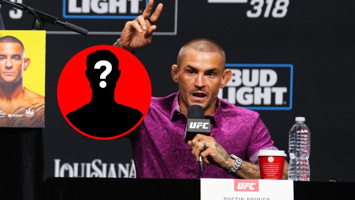 Dustin Poirier at UFC 318 press conference, with mystery inset