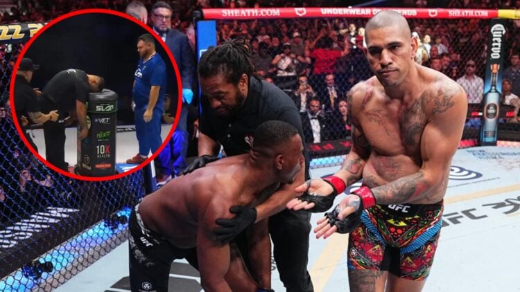 Alex Pereira celebrates after stopping Jamahal Hill at UFC 300, inset Austin Turpin knocks out Vernon Cathey at Power Slap 14