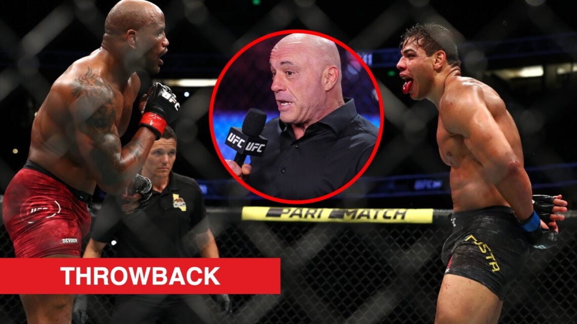 Main: Paulo Costa taunts Yoel Romero during their fight at UFC 241. Inset: Joe Rogan in attendance at T-Mobile Arena to commentate on UFC 317.