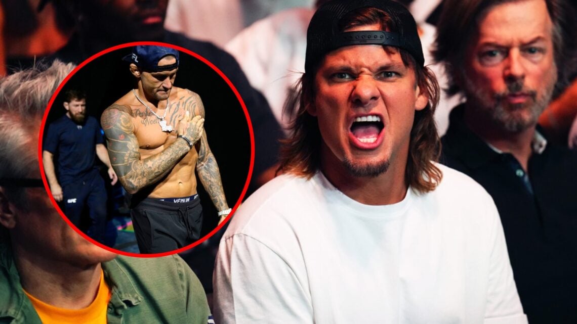 Main: Theo Von in attendance at UFC 290. Inset: Dustin Poirier walks onto the stage at the UFC 318 ceremonial weigh-ins.