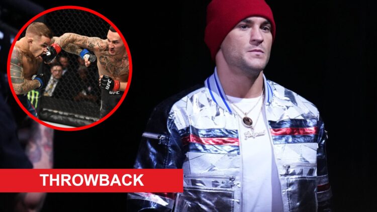 Dustin Poirier walks on stage for the UFC 281 press conference, inset Max Holloway punches Poirier at UFC 236 with throwback banner