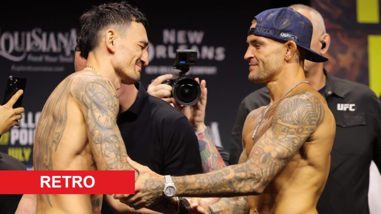 Max Holloway and Dustin Poirier face-off at the UFC 318 ceremonial weigh-ins, inset retro banner