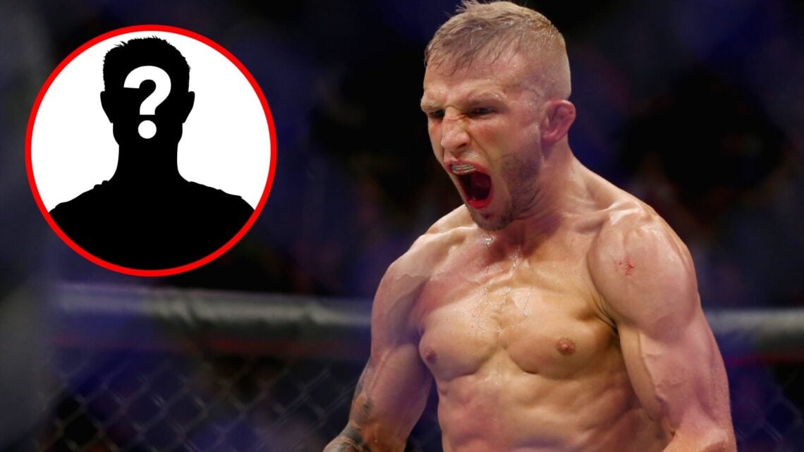 TJ Dillashaw celebrates after stopping Cody Garbrandt at UFC 217, inset mystery icon