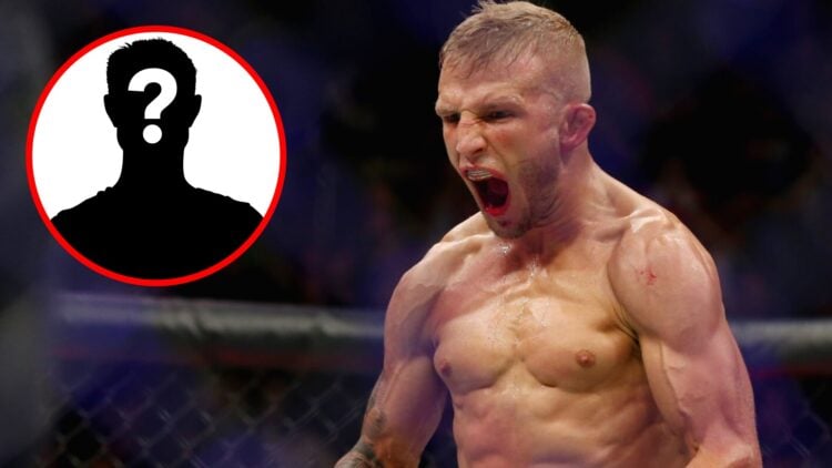 TJ Dillashaw celebrates after stopping Cody Garbrandt at UFC 217, inset mystery icon