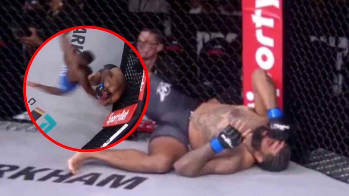 Main: Joffie Houlton stays down after being the victim of an illegal kick from Abdoullah Kane in their PFL Africa fight. Inset: Abdoullah Kane thro...