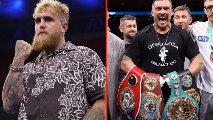 Split image of Jake Paul posing in the ring and Oleksandr Usyk celebrating his KO win over Daniel Dubois.