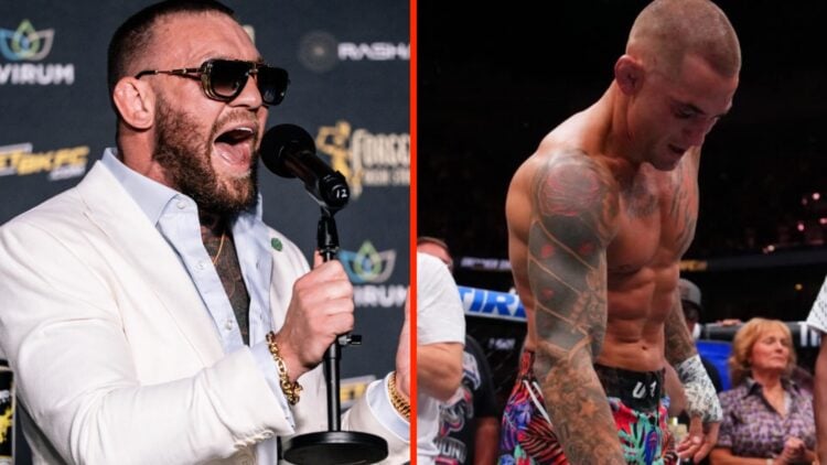 Conor McGregor shouts during a BKFC press conference, Dustin Poirier lays down his gloves at UFC 318.