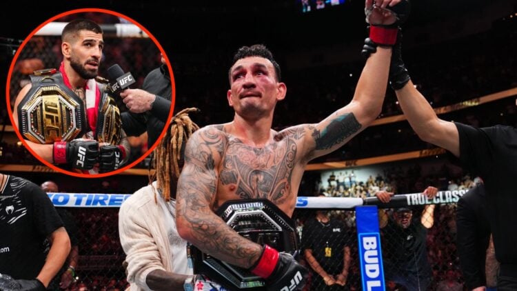 Max Holloway celebrates his UFC 318 BMF title defence with an inset of Ilia Topuria talking to Joe Rogan following UFC 317