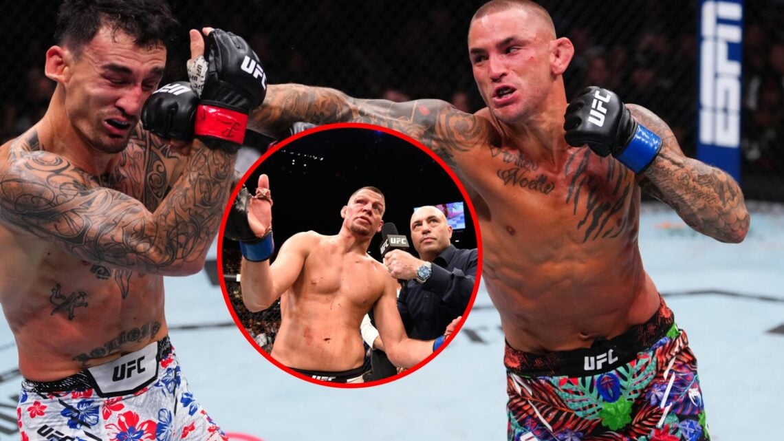 Main: Dustin Poirier punches Max Holloway during their BMF title fight at UFC 318. Inset: Nate Diaz talks to Joe Rogan inside the cage after submit...