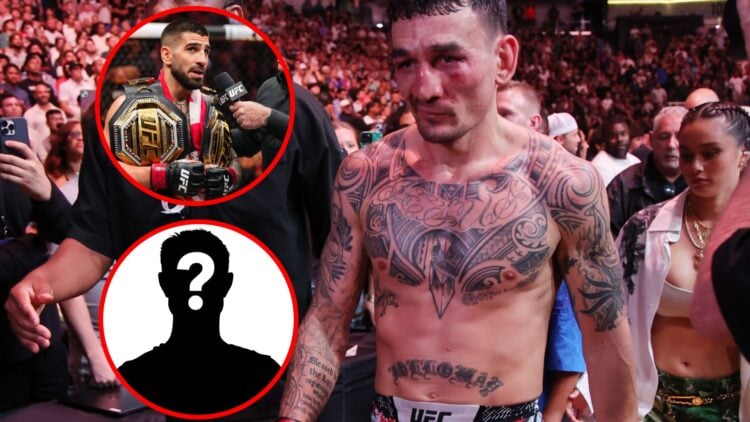 Main: Max Holloway leaves the Octagon after defeating Dustin Poirier in their BMF title fight at UFC 318. Top Inset: Ilia Topuria is interviewed in...