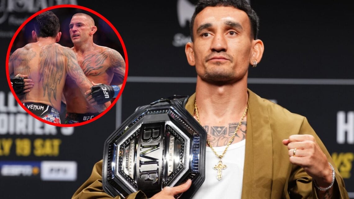Max Holloway poses on stage at the UFC 318 press conference, inset Dustin Poirier and Holloway embrace after the UFC 318 main event