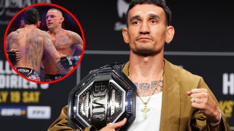 Max Holloway poses on stage at the UFC 318 press conference, inset Dustin Poirier and Holloway embrace after the UFC 318 main event
