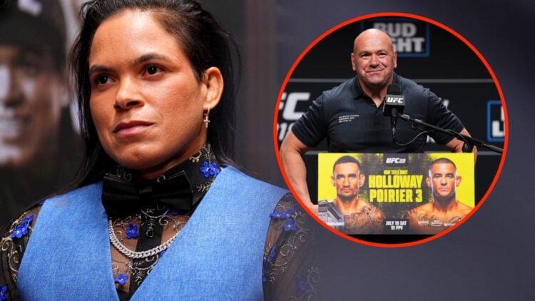 Amanda Nunes at the UFC Hall of Fame class of 2025 induction ceremony with an inset of Dana White at the UFC 318 press conference