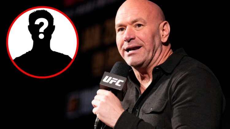 Dana White speaks on stage at the UFC 297 press conference, inset mystery icon