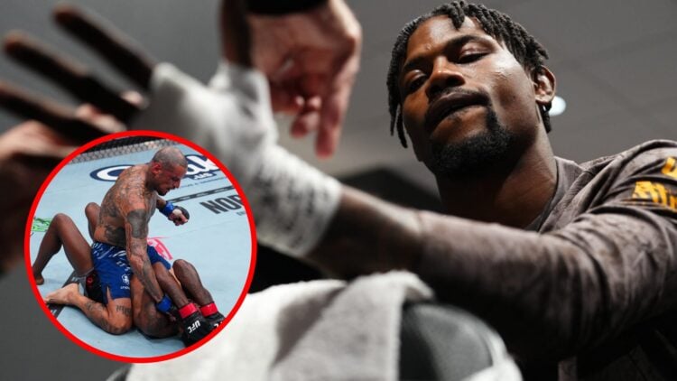 Kevin Holland gets his hands wrapped backstage at UFC 311, inset Daniel Rodriguez punches Holland at UFC 318