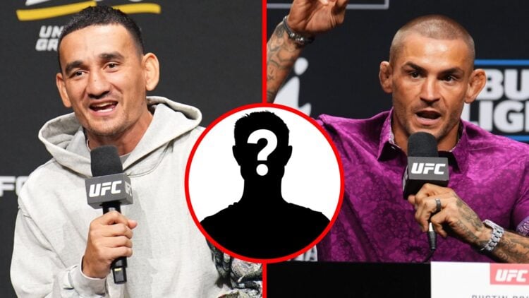Max Holloway speaks at the UFC 300 Q&A, Dustin Poirier on stage at the UFC 318 press conference, inset mystery icon